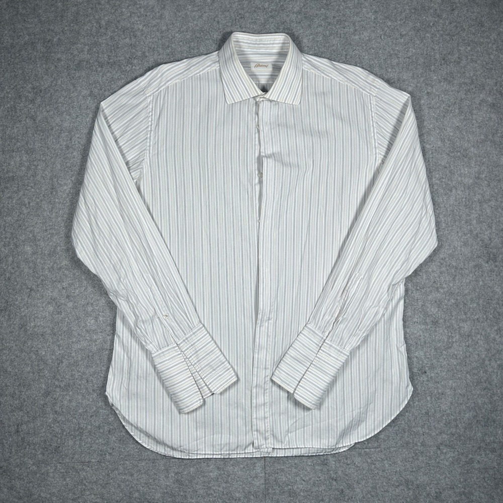 Brioni button down Dress Shirt Mens Large 16.5 White Striped French Cuff Luxury